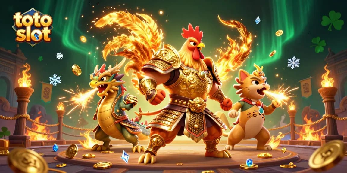 Experience thrilling action with toto slot in this vibrant 3D illustration of warriors and symbols.
