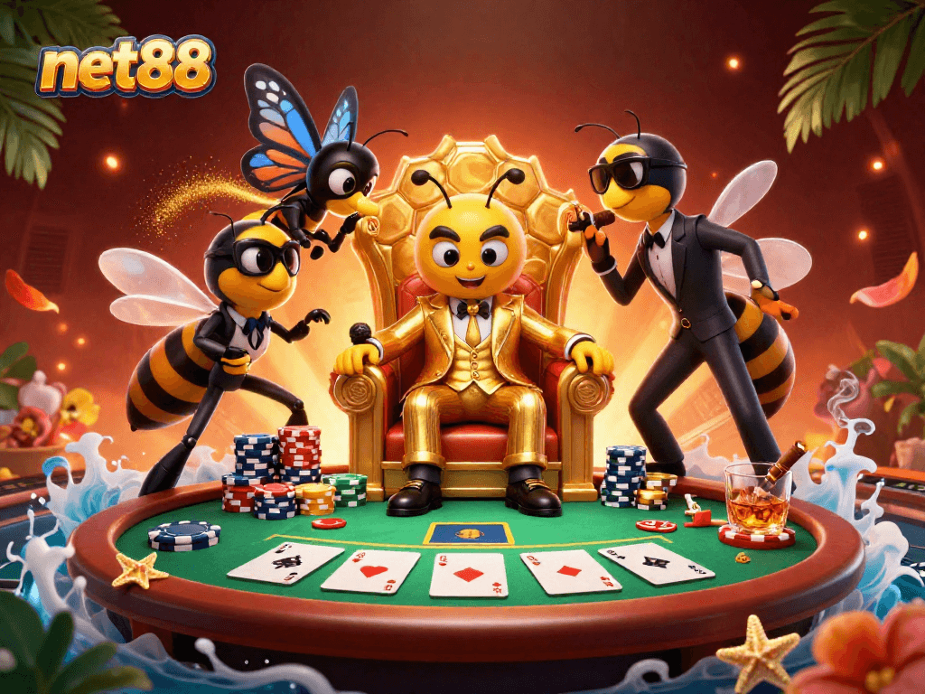 Engage with net88's thrilling poker scene featuring a bumblebee mob boss and vibrant gameplay elements.