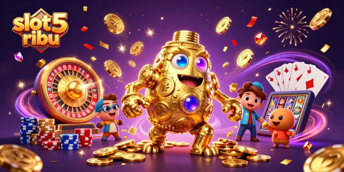 Spin and win with engaging slot 5 ribu action, featuring a golden golem and vibrant casino elements.