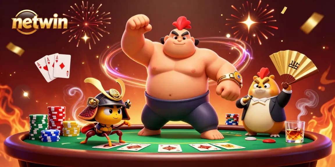 Action-packed netwin scene with a powerful sumo rooster and competitive elements in a vibrant casino atmosphere.