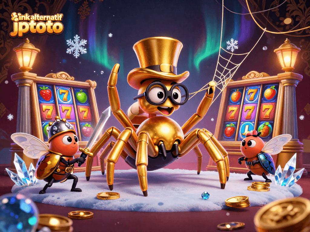 Spin the reels with link alternatif jptoto featuring a golden tarantula and a knight in a dynamic casino scene.