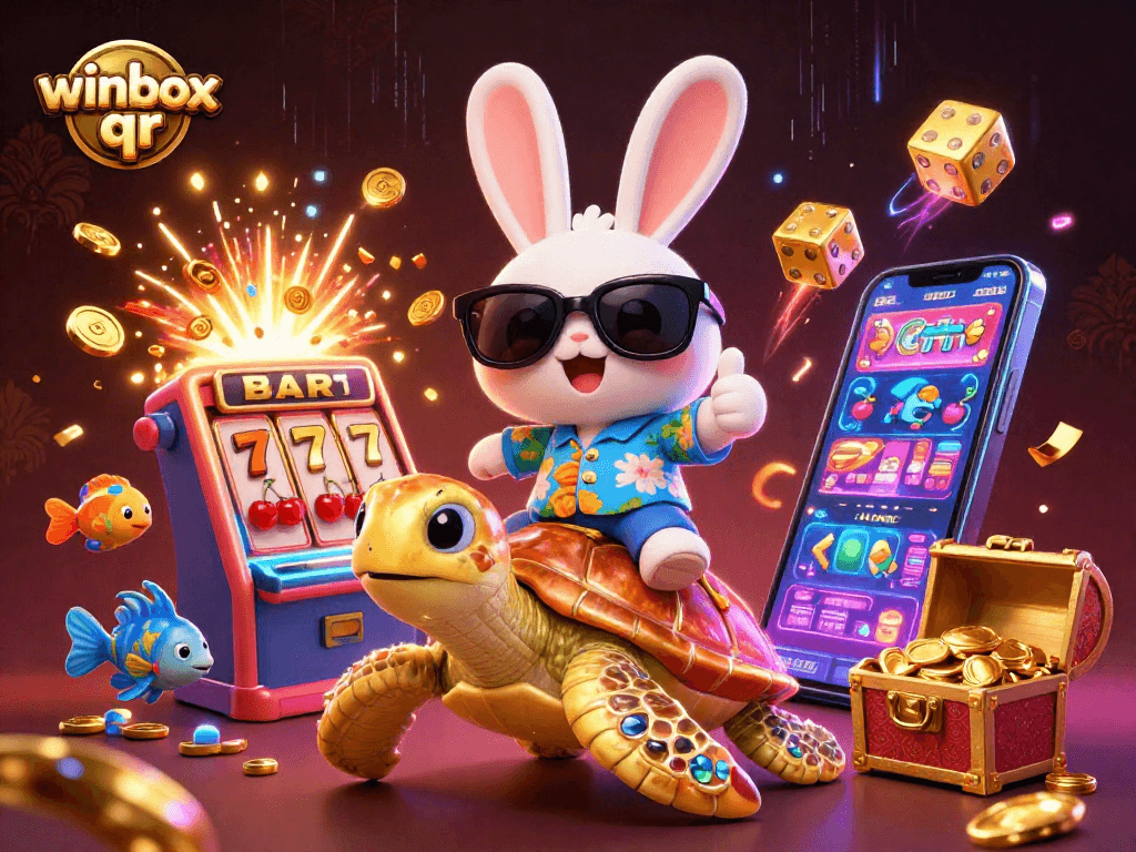 Spin to win with the vibrant winbox qr, featuring a lucky rabbit and golden sea turtle in a casino scene.