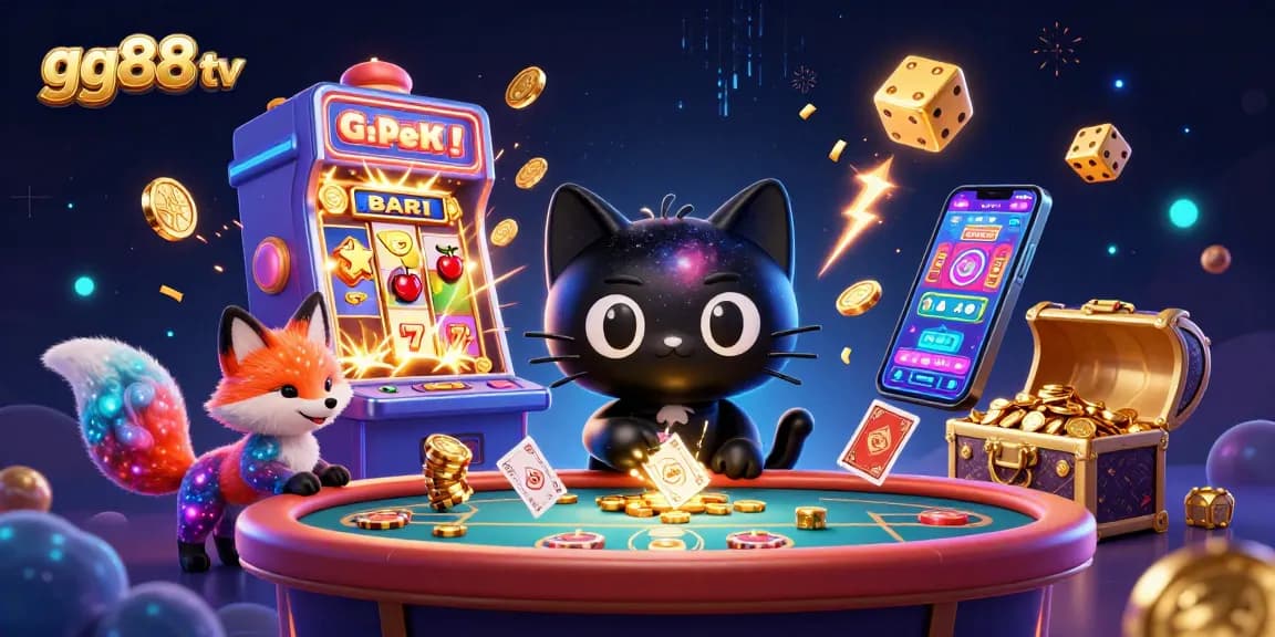 Experience the mesmerizing world of gg88 tv with a cosmic casino scene featuring a black hole cat and nebula fox.