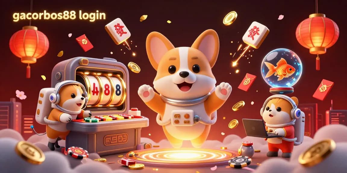 Enjoy the excitement of gacorbos88 login as the astronaut corgi spins slot reels in a vibrant casino.