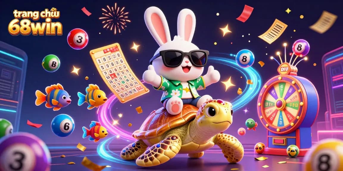 Experience the excitement on the trang chủ 68win with vibrant lottery elements bursting around a lucky rabbit and sea turtle.