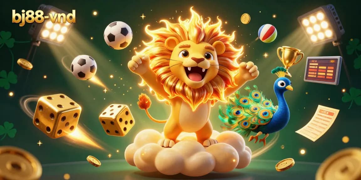 Experience the winning thrill of bj88-vnd with a vibrant 3D casino illustration showcasing golden dice and dynamic sports elements.