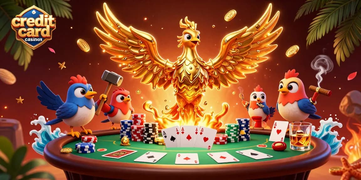 Experience thrilling action at credit card casinos with molten golden phoenix and poker elements.
