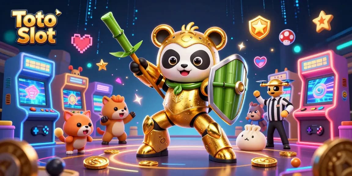 Rasakan keseruan Toto Slot di arena dengan panda emas dan robot bertarung sambil mengejar jackpot.