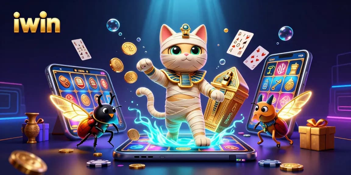 Play thrilling slot games with iwin using an Egyptian mummy cat and glowing scarab illustration.