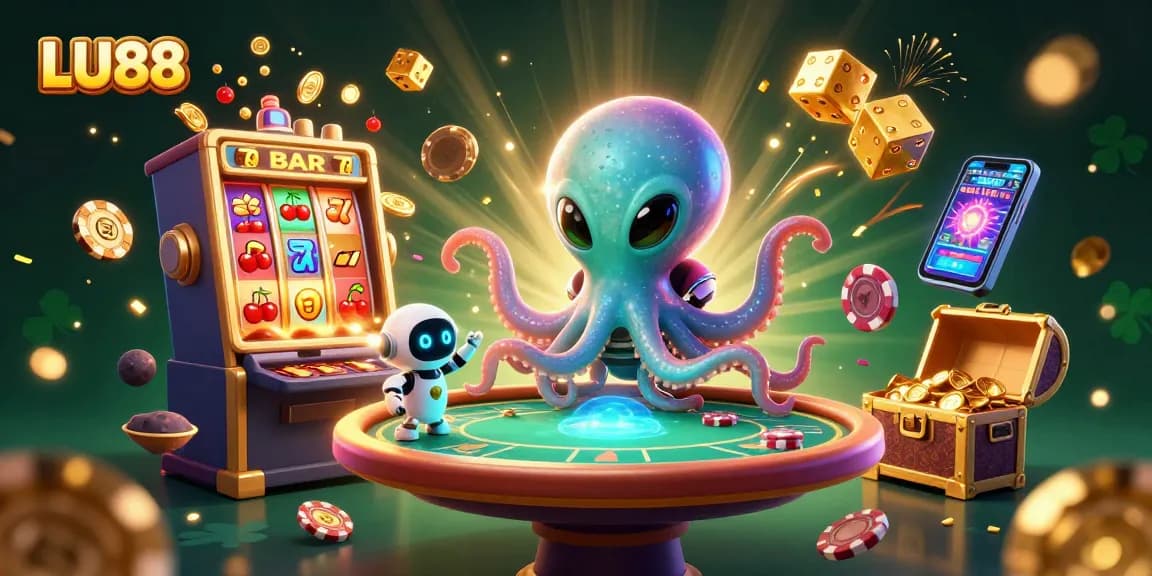 LU88 alien octopus collides with jackpot excitement at a dynamic casino scene, showcasing vibrant gaming elements.