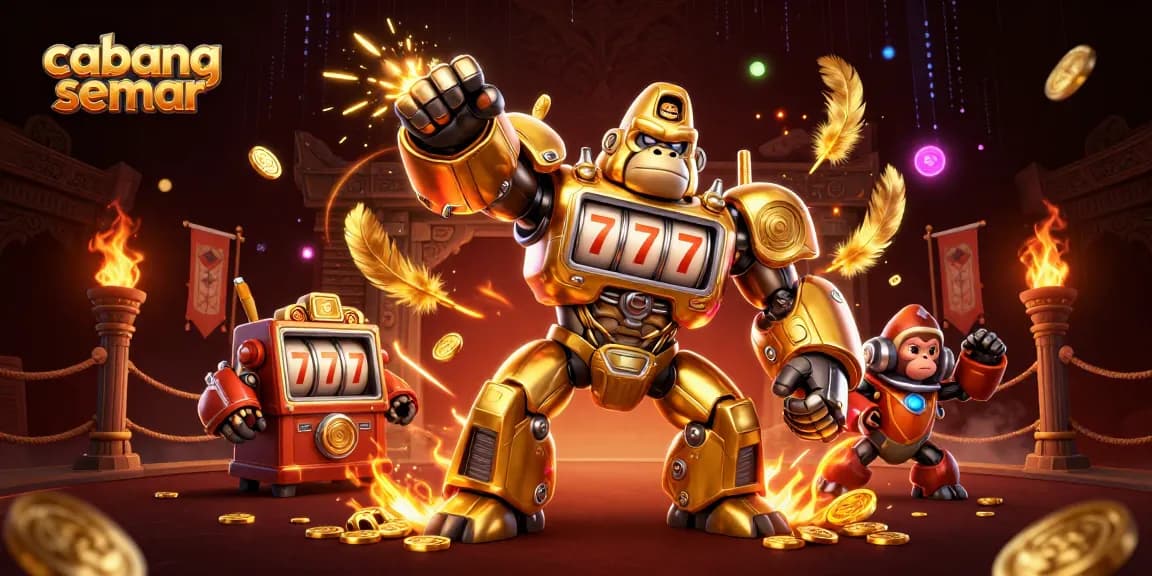 Menghadirkan cabang semar dengan gorila emas mech mengesankan di arena pertarungan slot, memukau dan penuh warna.