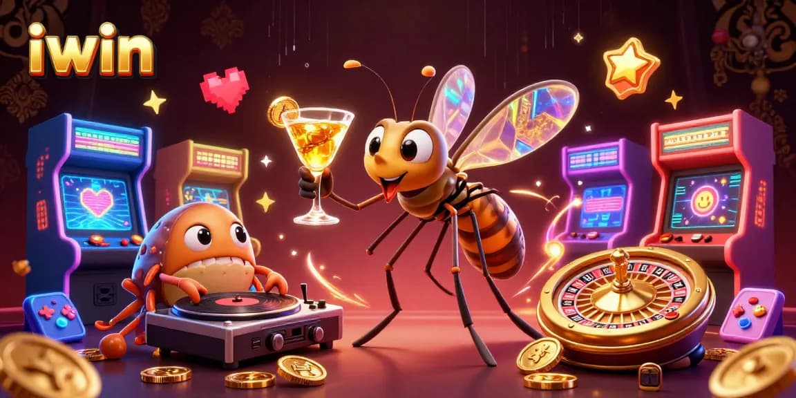 iwin's lively casino scene with a mosquito mascot, trilobite DJ, and vibrant gaming elements.