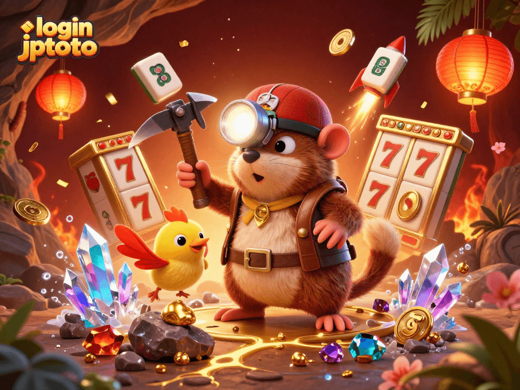 Join the excitement at login jptoto with an energetic scene featuring a treasure hunter mole and slot game elements.
