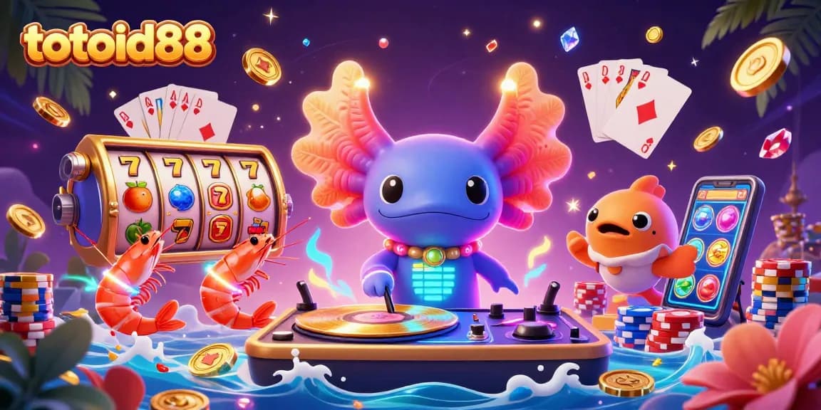 Totoid88 showcases an exhilarating underwater casino scene with an axolotl DJ spinning slots and a vibrant party.