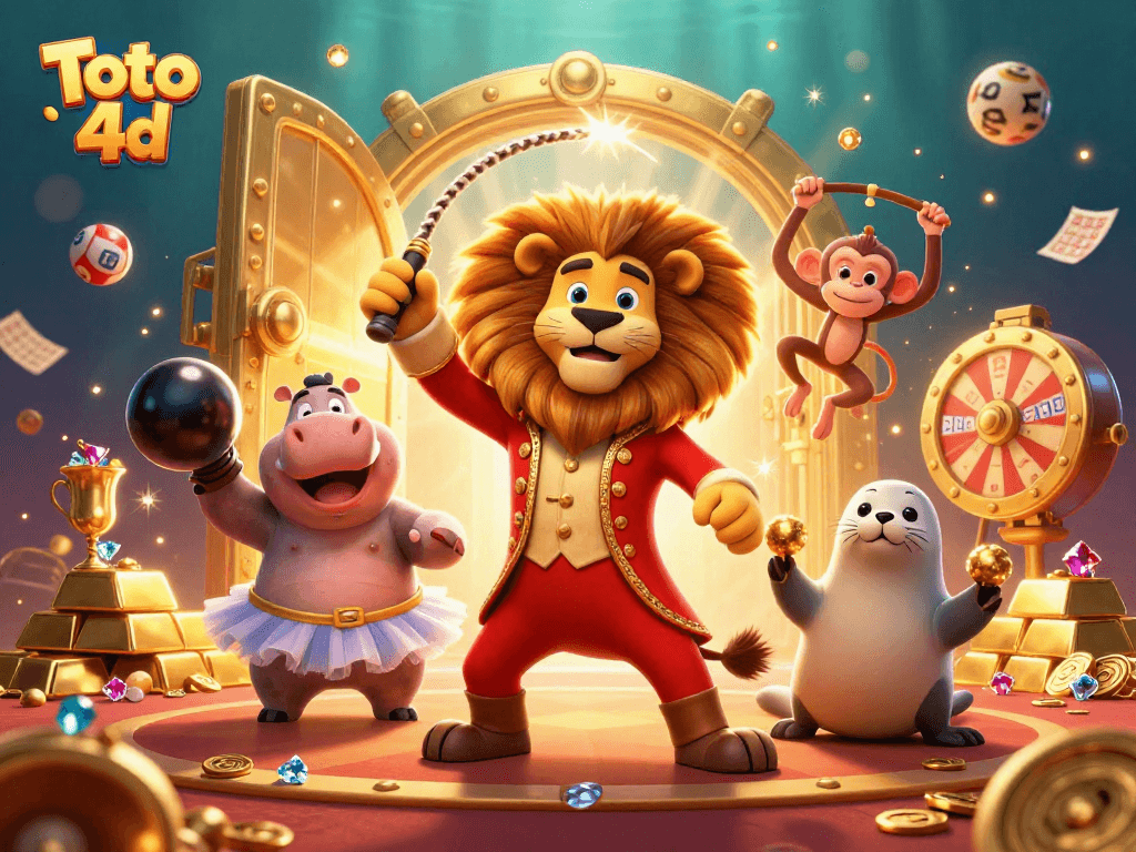 Engage in Toto 4d with dynamic circus characters amidst dazzling casino elements.