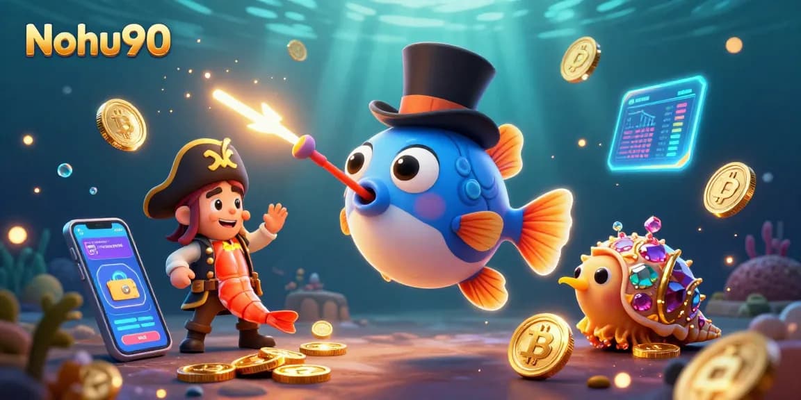 Nohu90 showcases a 3D anglerfish attracting golden coins, pirate shrimp, and treasure snail in a captivating underwater casino scene.