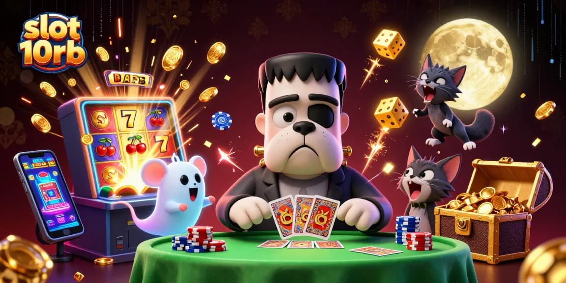 Experience thrilling slot 10rb action with a vibrant 3D illustration featuring casino characters.