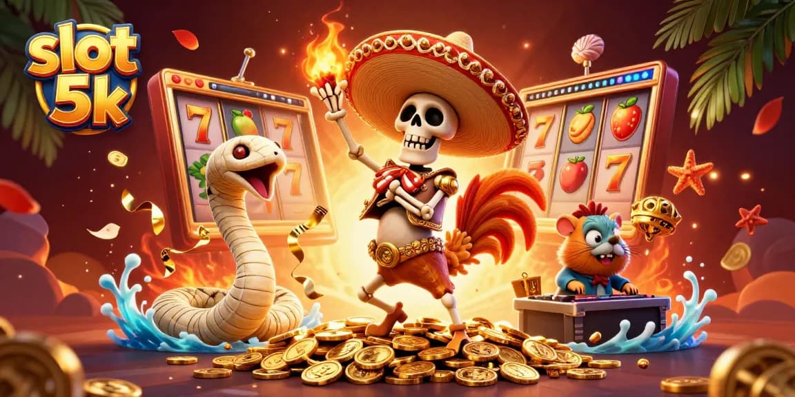 Slot 5k menghadirkan keceriaan dengan pemutar slot dan karakter kasino berenergi tinggi.