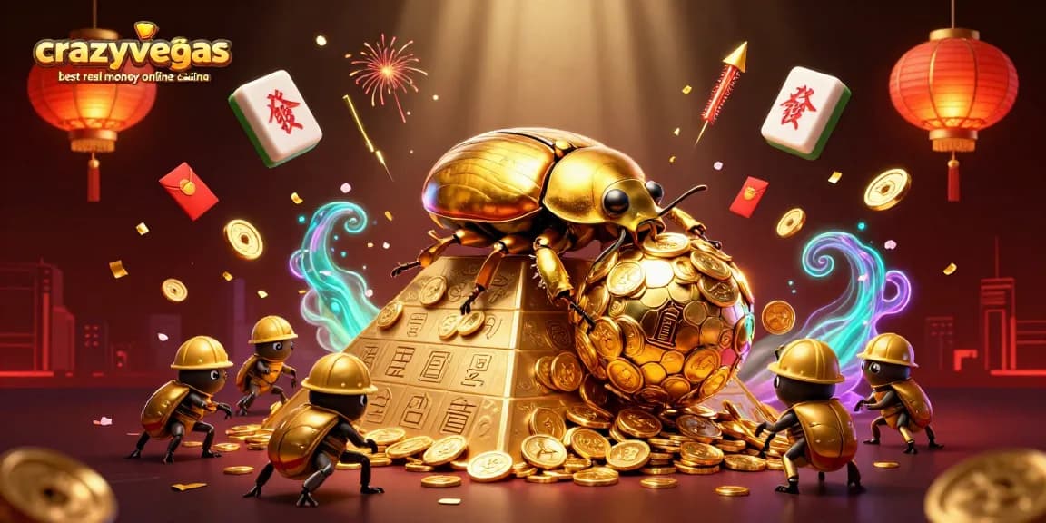 Engage with the crazyvegas best real money online casino through a vibrant 3D cartoon illustration of golden beetles and casino symbols.