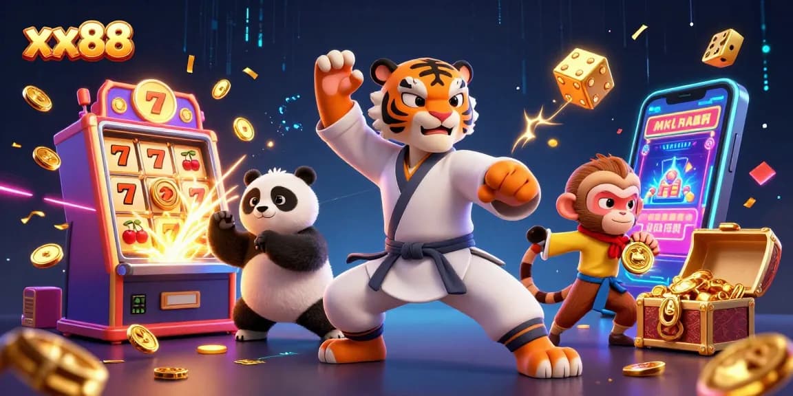 xx88 slot machine and characters celebrate a jackpot win in a vibrant casino scene.