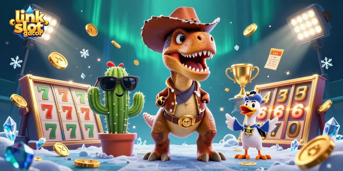 Master playing link slot gacor amidst dynamic casino elements featuring T-Rex and friends.