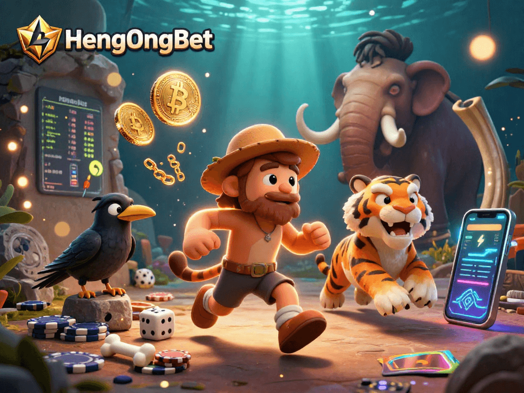 Experience the thrilling world of HengOngBet with vibrant 3D illustration of a caveman casino.