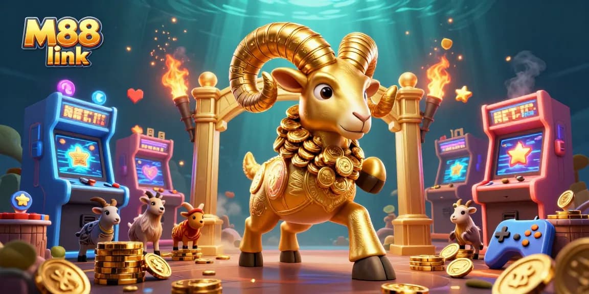 Experience thrilling gameplay with M88 link in a lively casino-inspired 3D illustration.