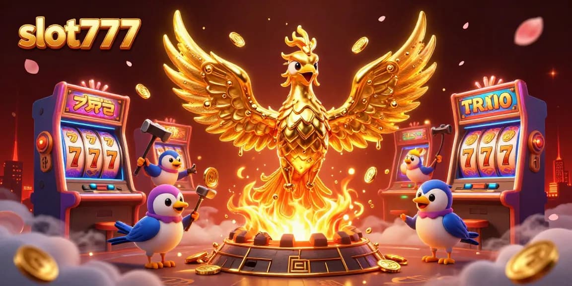 Experience thrilling wins at slot777 with a golden phoenix symbolizing jackpot excitement in a dynamic casino scene.