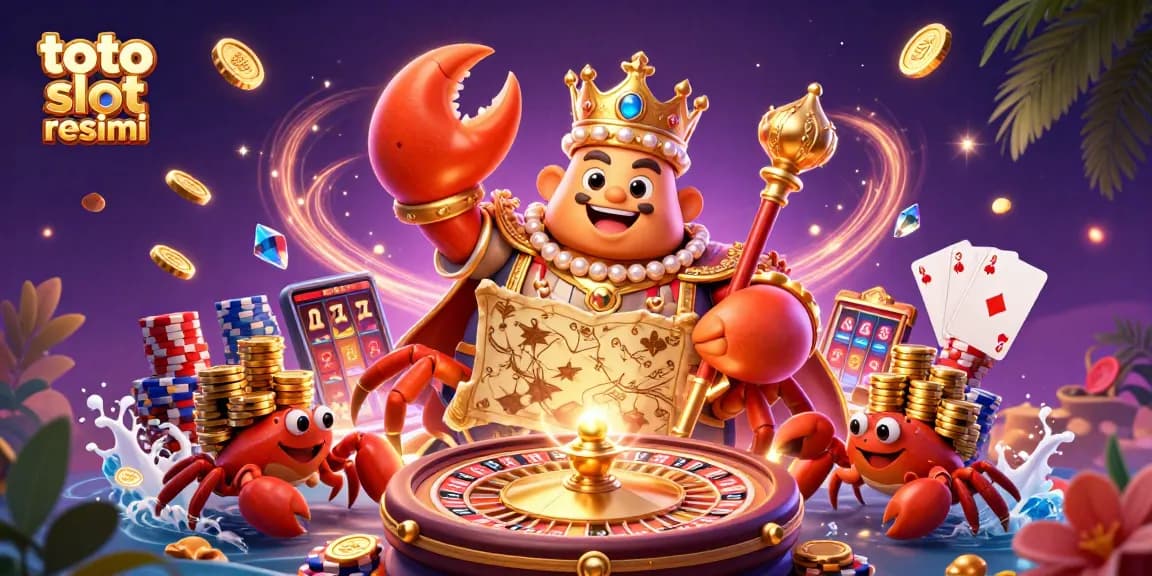 Engage in thrilling gaming with toto slot resmi, featuring cartoon crab emperor and gold coins.
