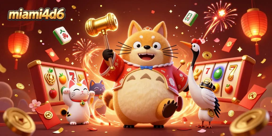 Experience the thrill of miami4d6 with vibrant slot visuals and festive characters in a lively casino illustration.