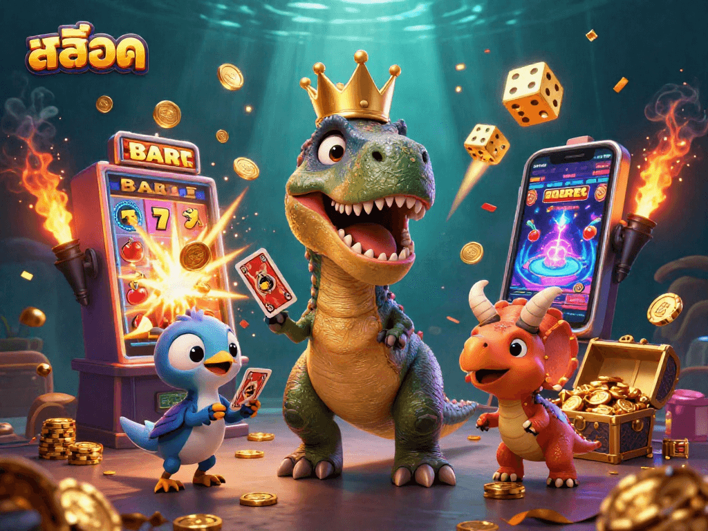 Experience fun with สล็อต as a T-Rex shuffles cards and a baby triceratops stacks chips.