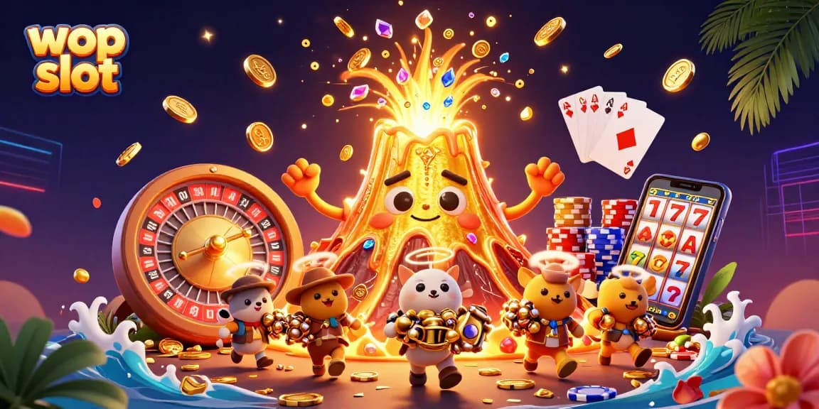 Experience the excitement of wop slot with a golden volcano erupting treasure and vibrant casino elements.