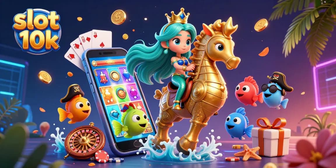 Experience the thrill of slot 10k with vivid characters and vibrant casino elements in this immersive illustration.