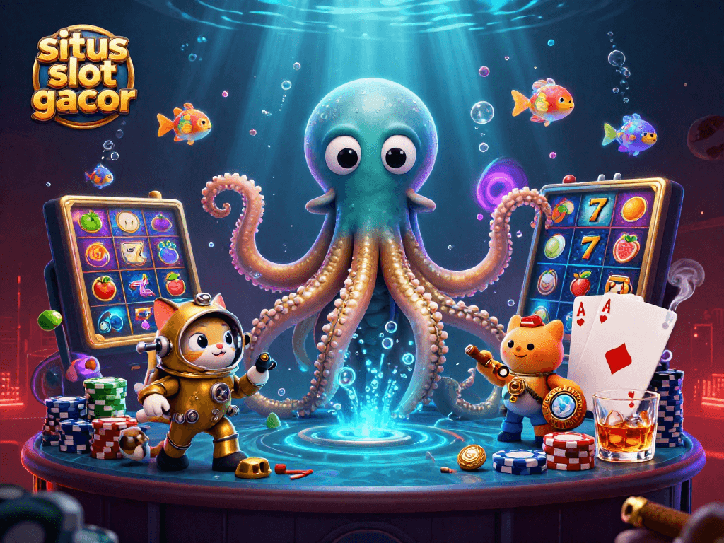 Experience thrilling spins on situs slot gacor with a vivid illustration of a grand casino scene.