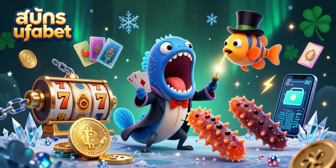 Experience สมัคร ufabet with a magical 3D illustration of a deep-sea gulper eel performing card tricks in a vibrant casino setting.