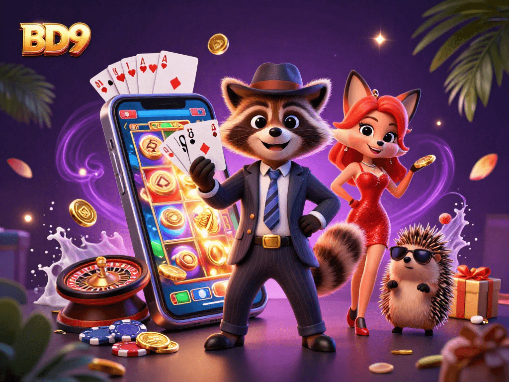 Experience the excitement at BD9 gambling platform with charming characters and vibrant casino elements.