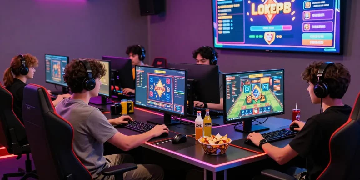 Exciting LOKET88 slot gaming atmosphere with competitive players enjoying their favorite games and celebrating real-time wins.