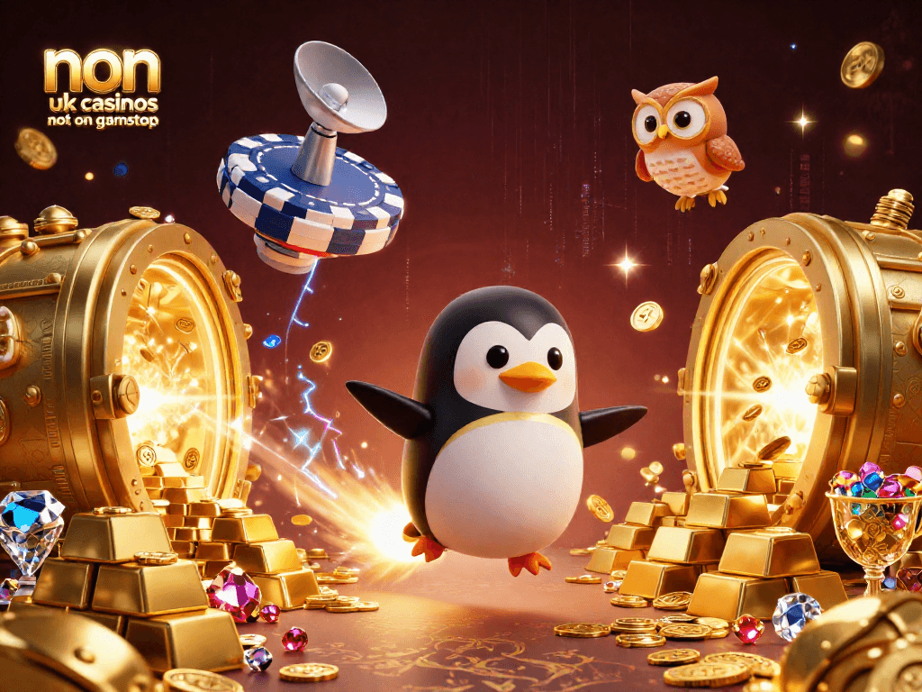 Experience non uk casinos not on gamstop with a vibrant scene of a rocket-powered penguin soaring over casino treasures.