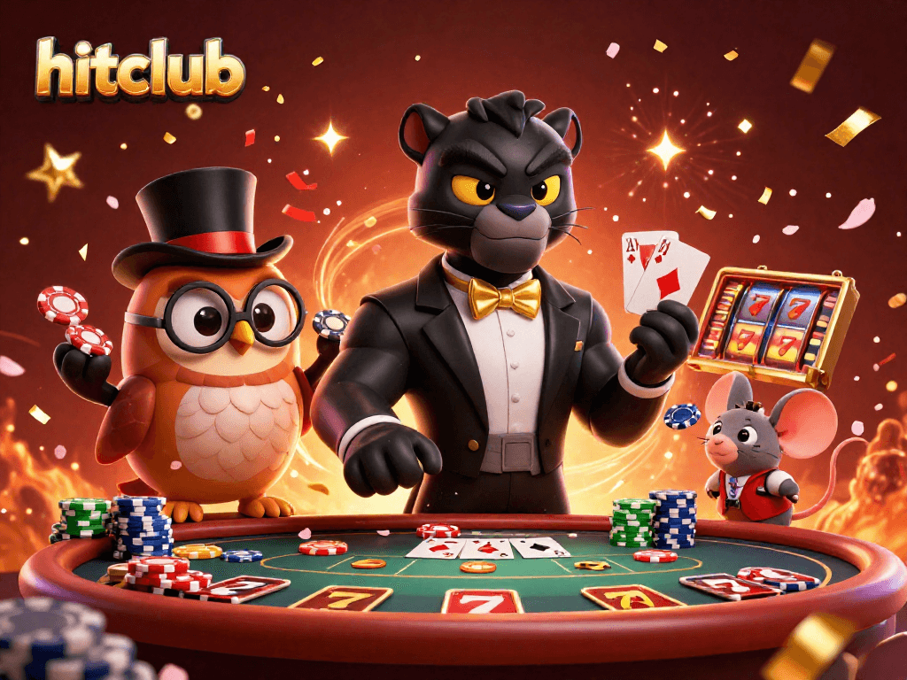 Join the hitclub with this vibrant 3D illustration featuring playful casino characters and action-packed gaming elements.