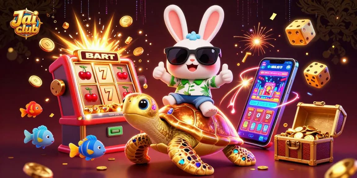 Enjoy winning thrills at Jai club with a lucky rabbit and golden turtle in vibrant casino scene.