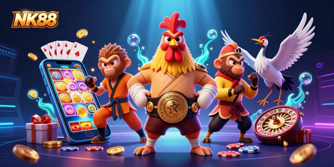 Engage in thrilling casino games at NK88 with dynamic 3D characters and vibrant action elements.