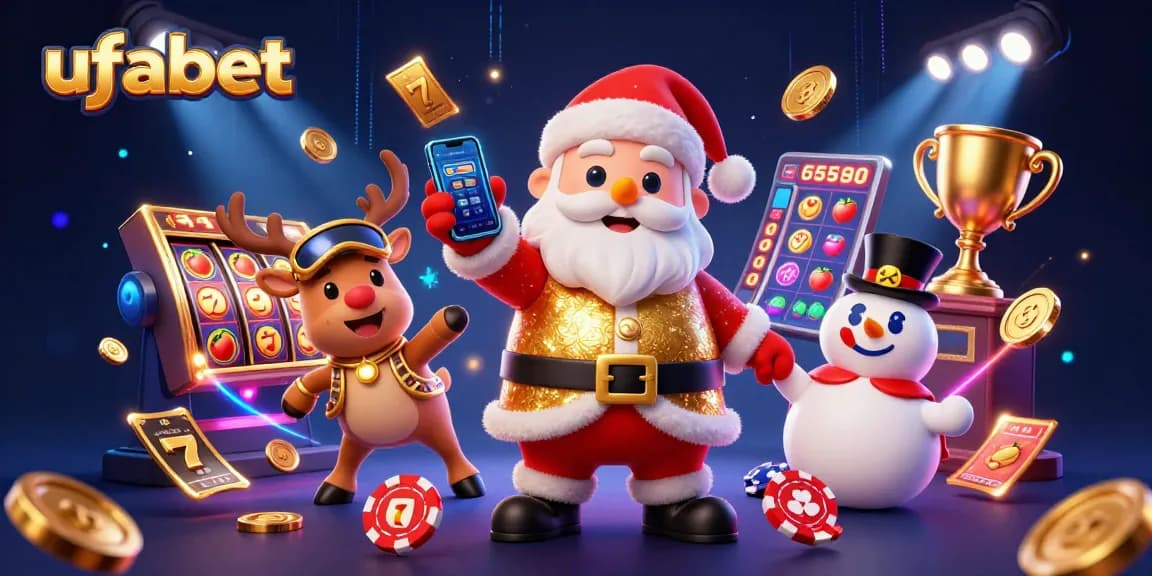 Win big with ufabet at a vibrant 3D casino scene showcasing festive characters and dynamic slot elements.