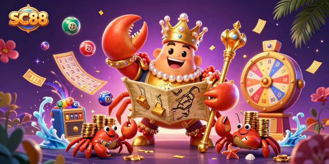 Engage in SC88 with a vibrant 3D scene featuring a golden crab emperor amidst lottery elements.
