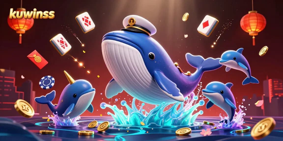 Kuwinss casino features a whimsical whale and friends in a lively underwater scene filled with gaming elements.