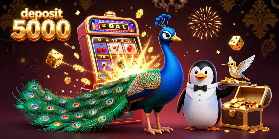 Experience the thrill of deposit 5000 slots with this vibrant 3D casino scene featuring a peacock and jackpot symbols.