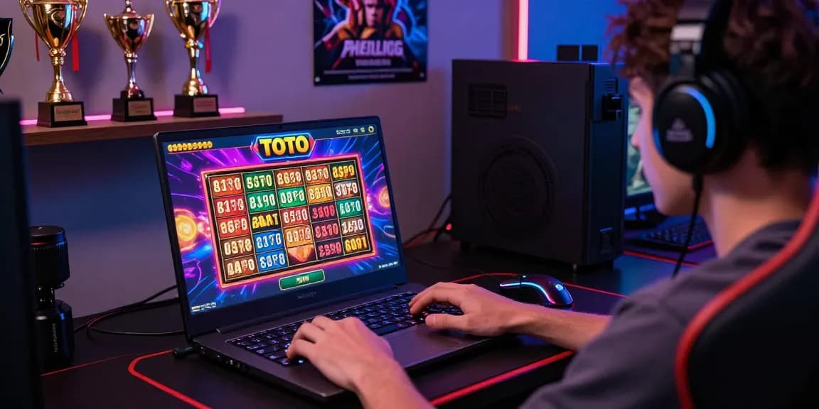 Engaged user playing toto slot game on a laptop in a vibrant gaming setup.