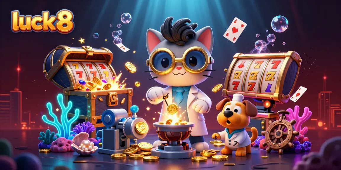 Engage with luck 8's exciting slot gameplay featuring cartoon characters amidst vibrant casino elements.