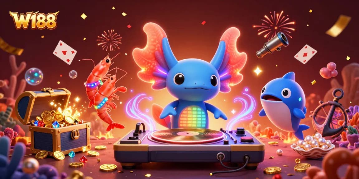 Experience vibrant gaming action with W188's axolotl DJ and glowing shrimp performers amidst colorful underwater treasures.