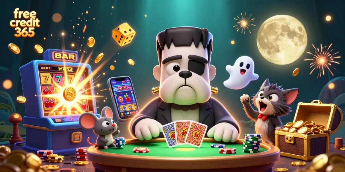 Experience the excitement of free credit 365 as a Frankenstein bulldog deals cards amidst a jackpot explosion.