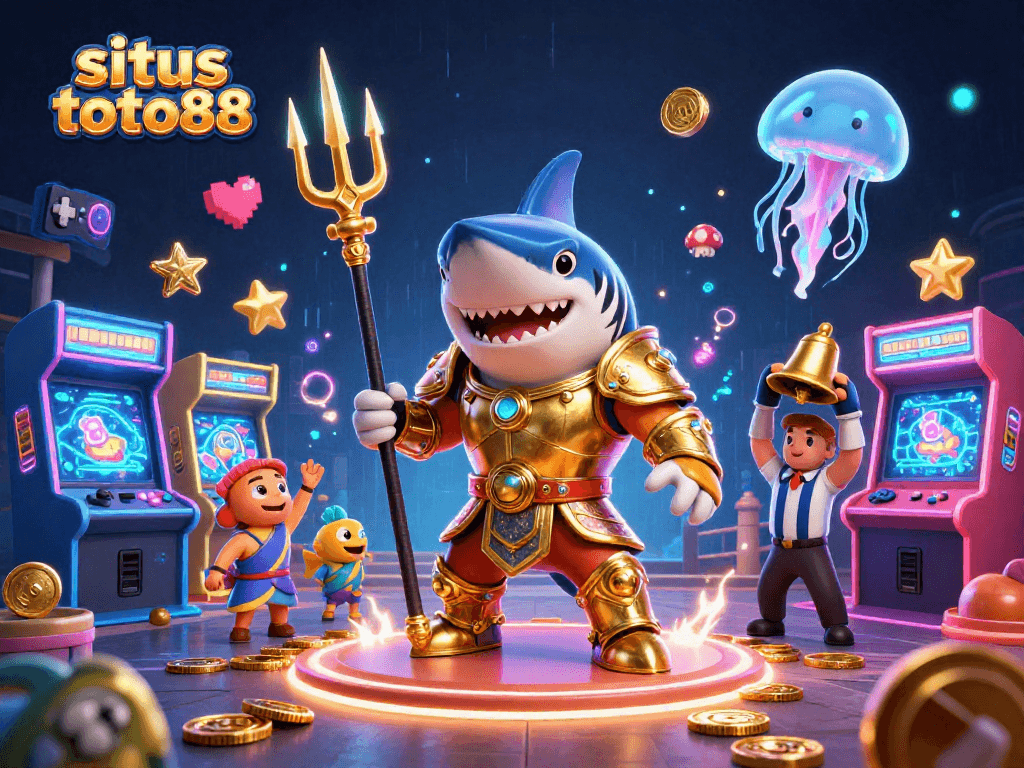Experience winning at situs toto88 with a vivid underwater casino illustration featuring a shark in gladiator armor.